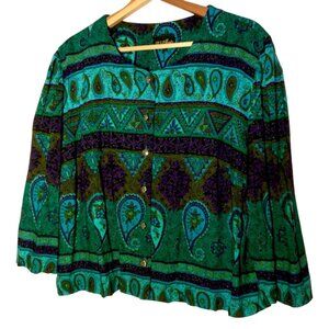 Vintage 1980s Blouse Size Large Cropped Blue Green Purple Paisley 3/4 Sleeve